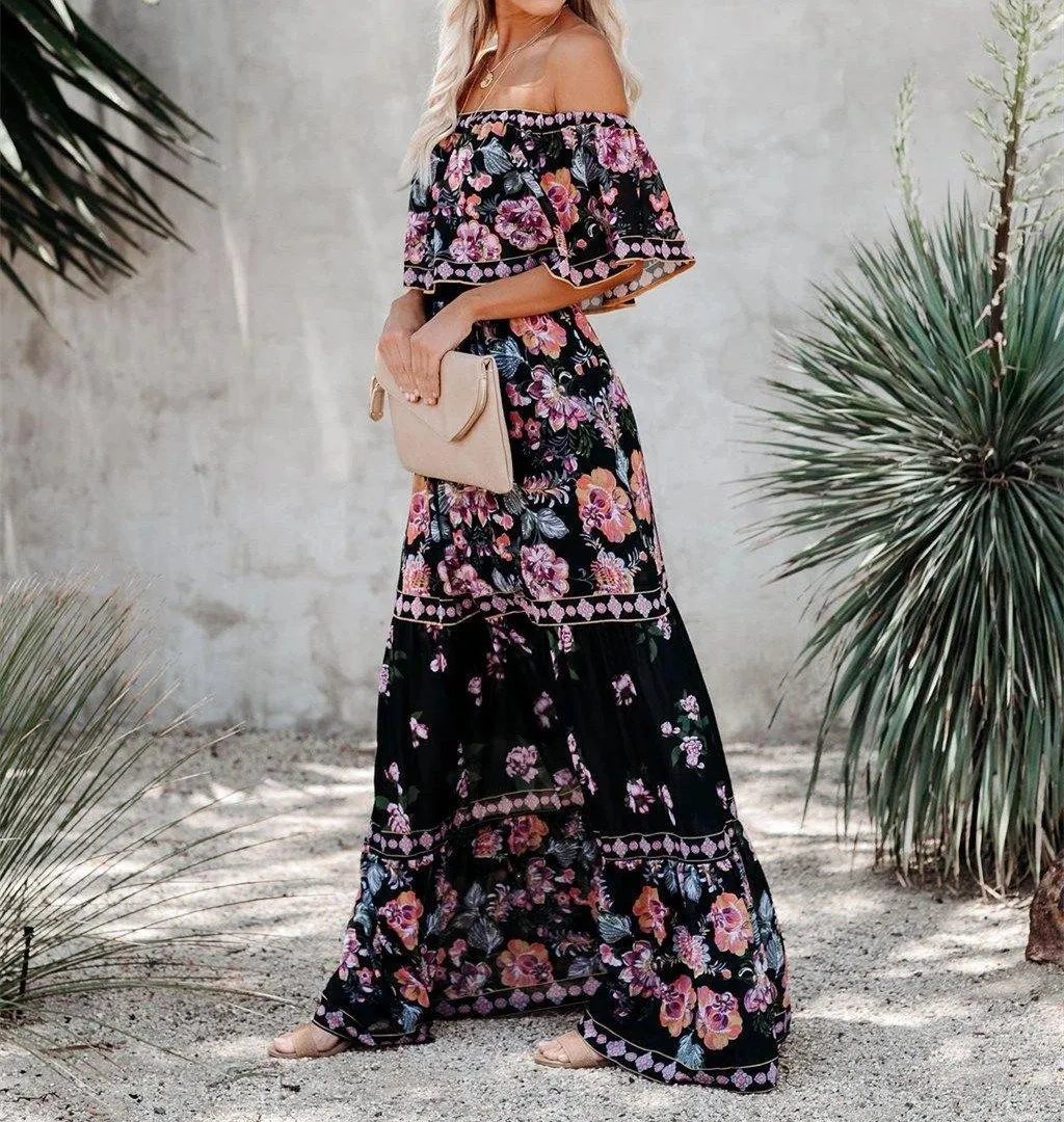 Summer Off The Shoudler Floral Print Long Dresses