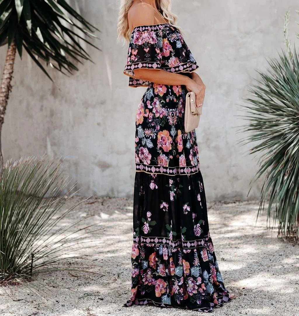 Summer Off The Shoudler Floral Print Long Dresses