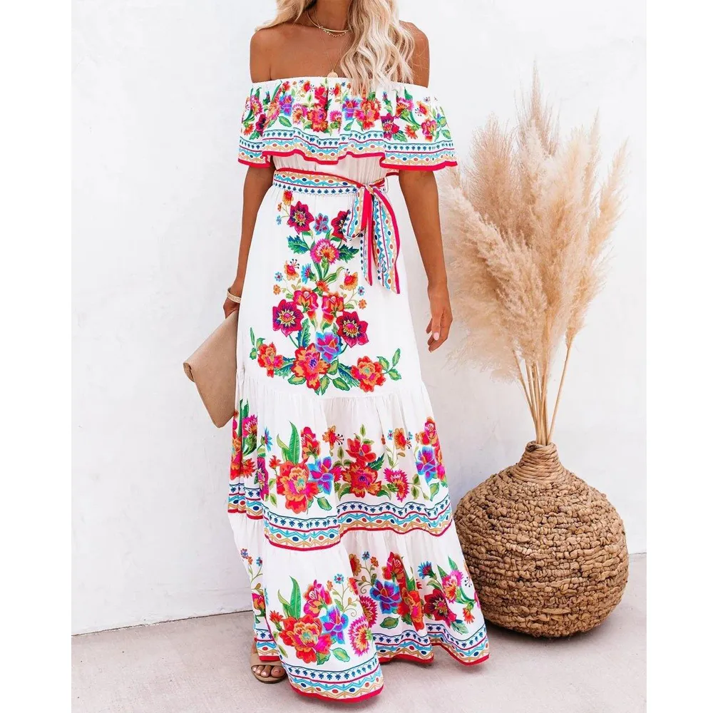 Summer Off The Shoudler Floral Print Long Dresses