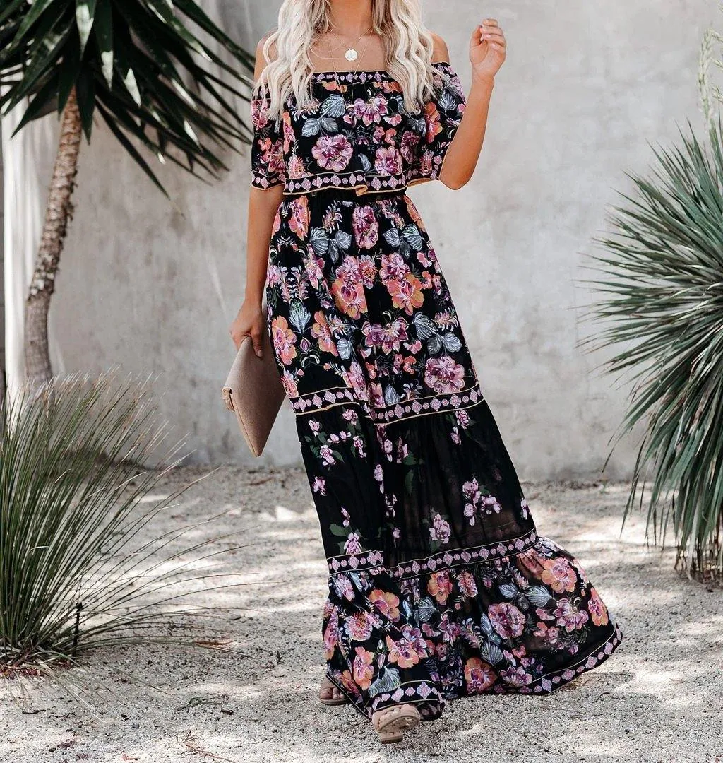 Summer Off The Shoudler Floral Print Long Dresses