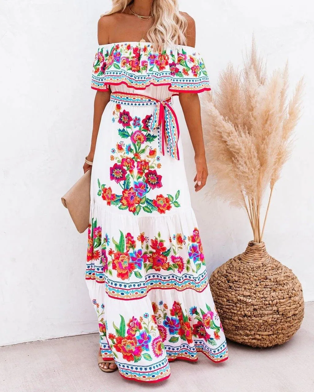 Summer Off The Shoudler Floral Print Long Dresses