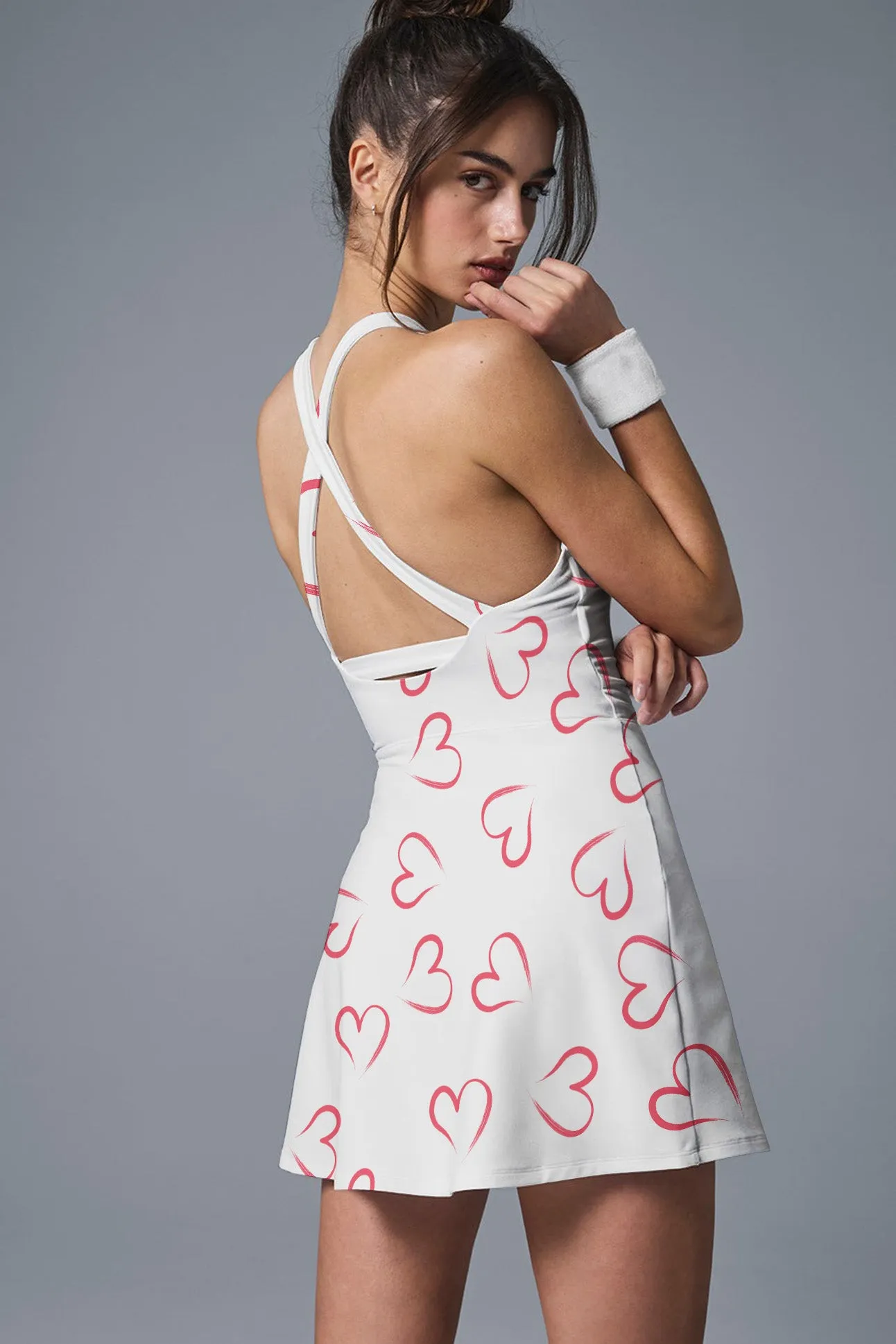 Sweetheart Swing Dress – White Active Dress with Soft Red Heart Outlines