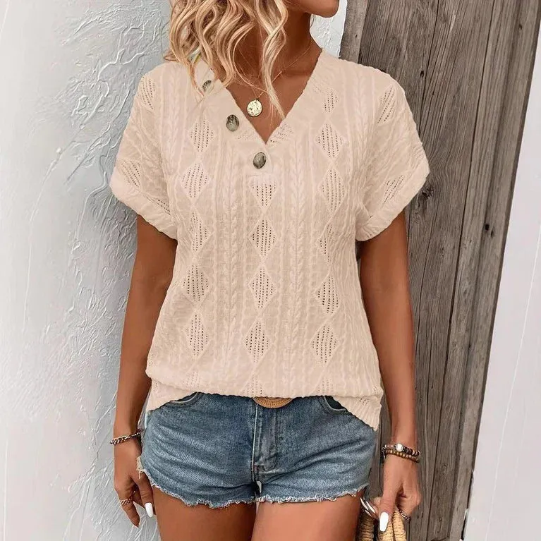 T-shirt with button decoration and V-neck - Textured fabric & short sleeves