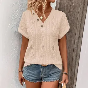 T-shirt with button decoration and V-neck - Textured fabric & short sleeves