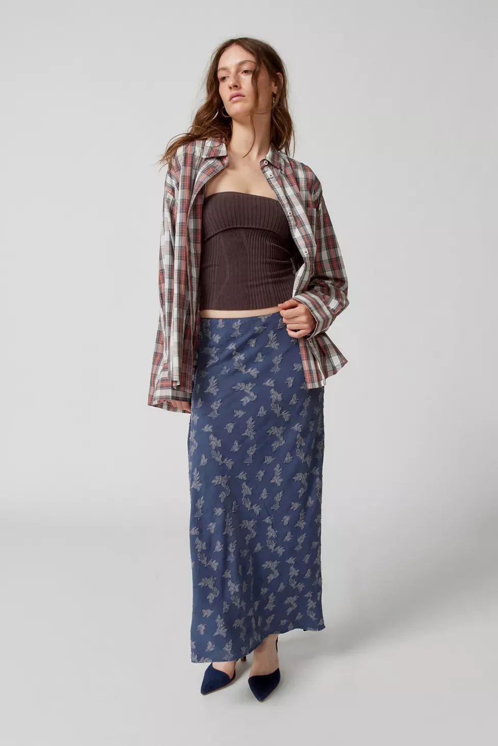 Textured Floral Jacquard Column Maxi Skirt