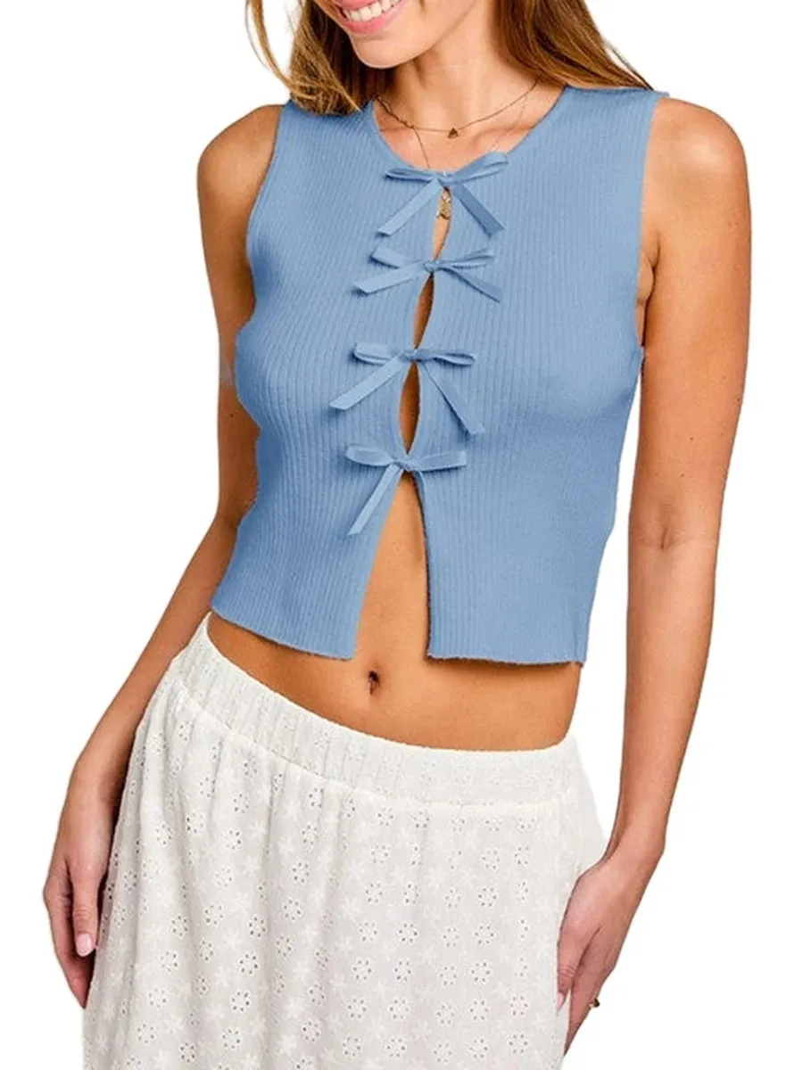 Tie-front puff-sleeve blouse