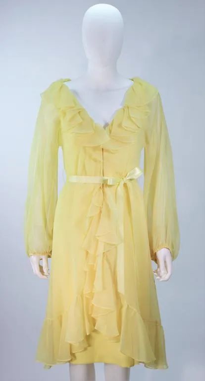 TRAVILLA Yellow Ruffled Chiffon Dress with Billow Sleeves Size 8