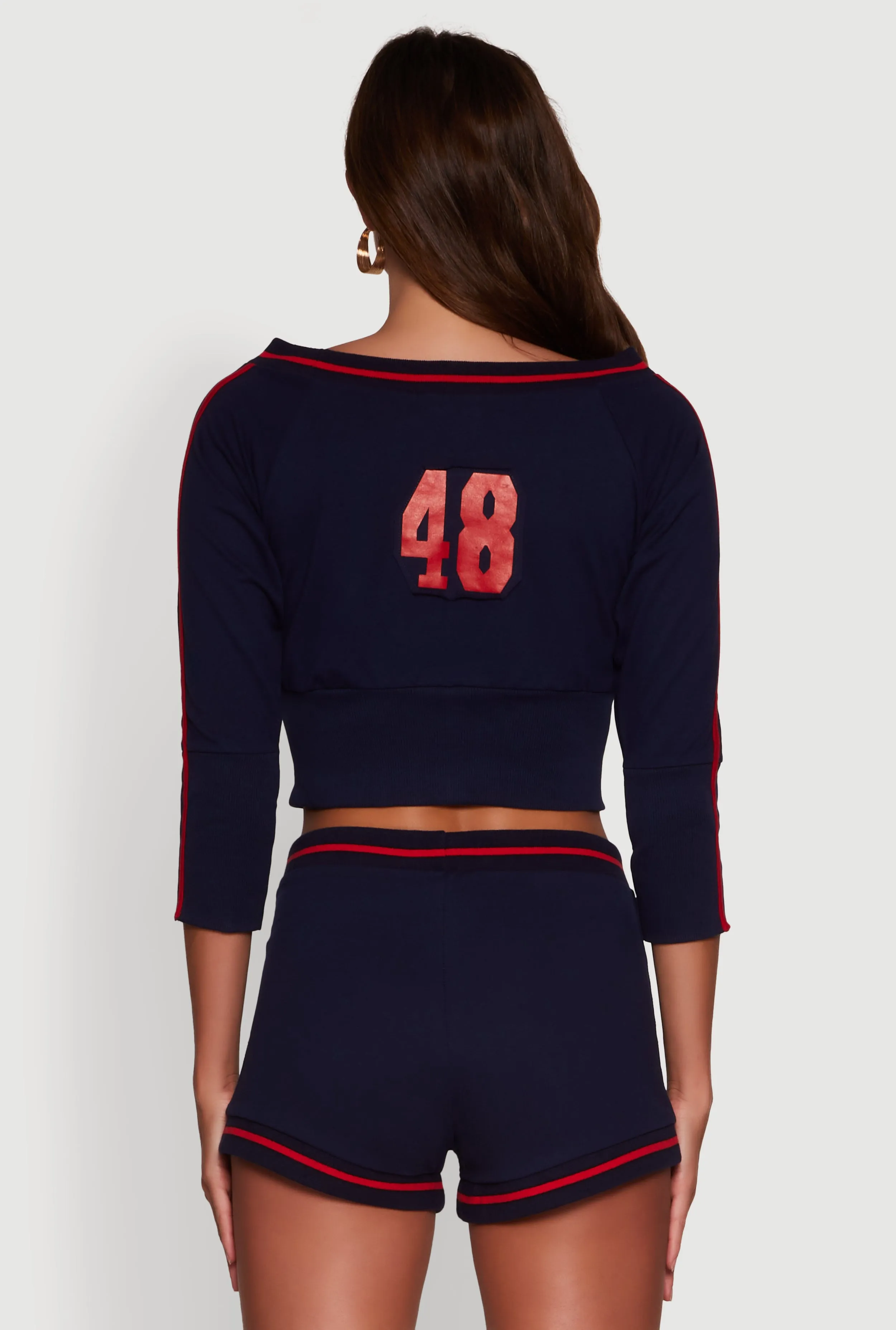 Trendy French Terry 48 Graphic Varsity Stripe Crop Sweatshirt