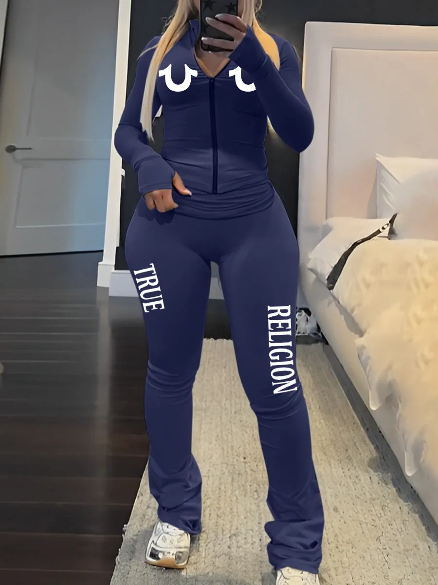 Trendy Zip-Up Slim Fit Sportswear Set with Bold Graphic Print