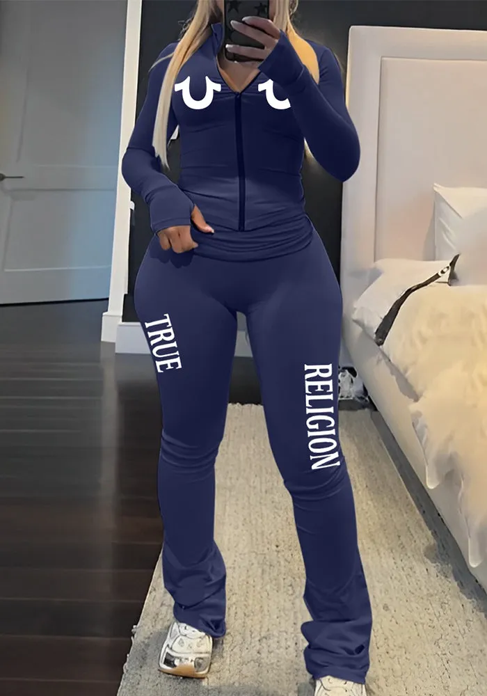 Trendy Zip-Up Slim Fit Sportswear Set with Bold Graphic Print