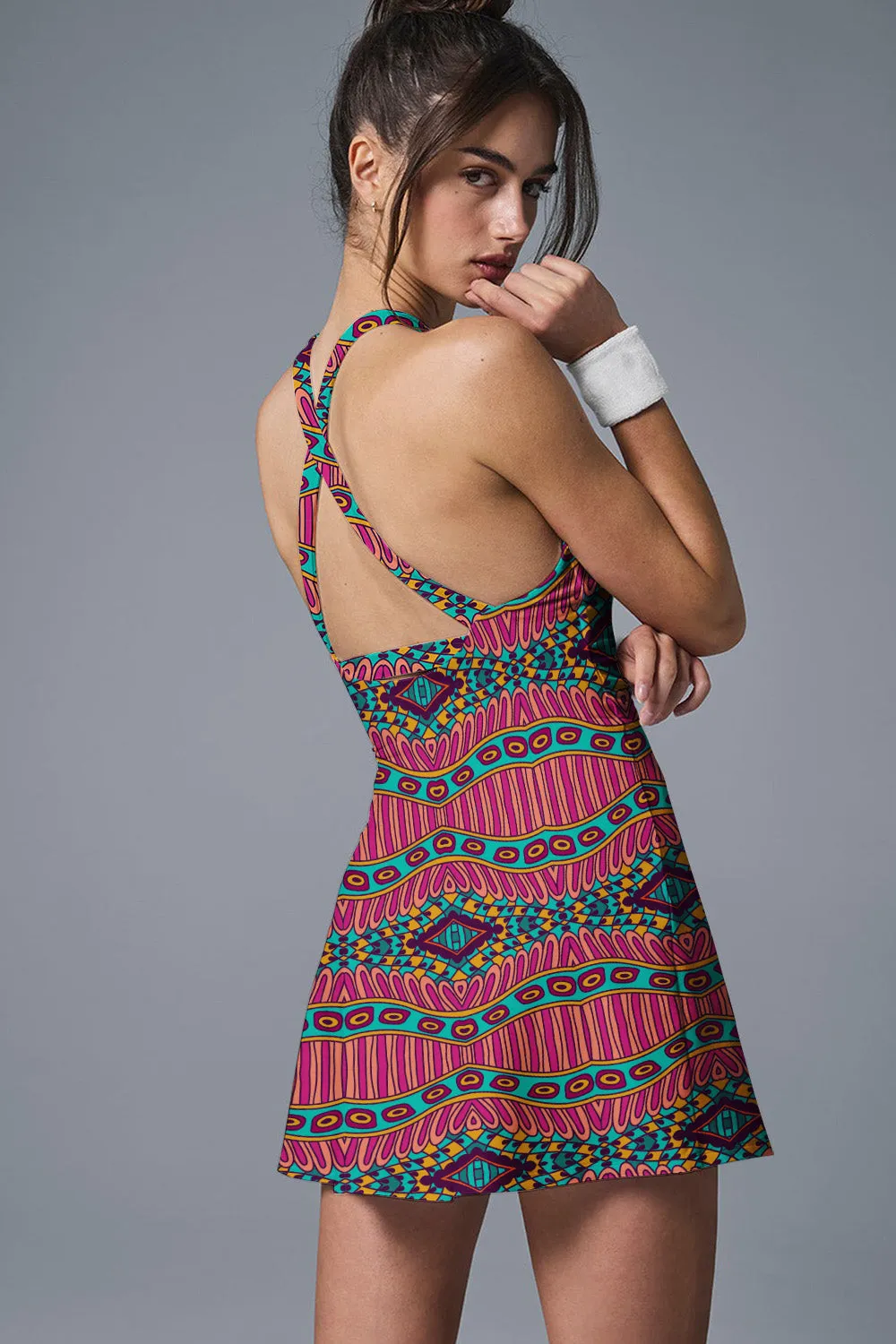 Tribal Energy Crossback Tennis Dress – Vibrant Pink Geometric Print