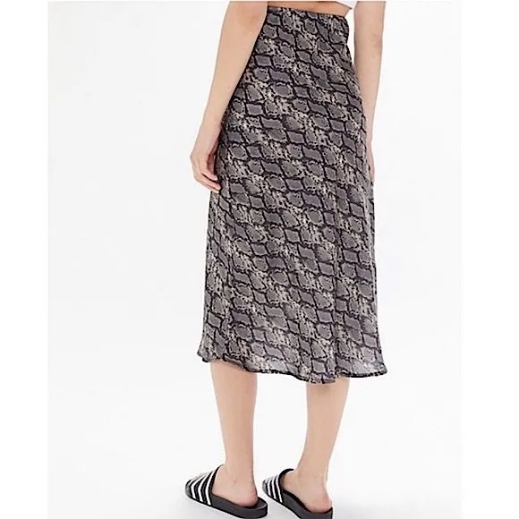 URBAN OUTFITTERS Black Grey Animal Snakeprint Satin Slip Midi Elastic Skirt Sz L