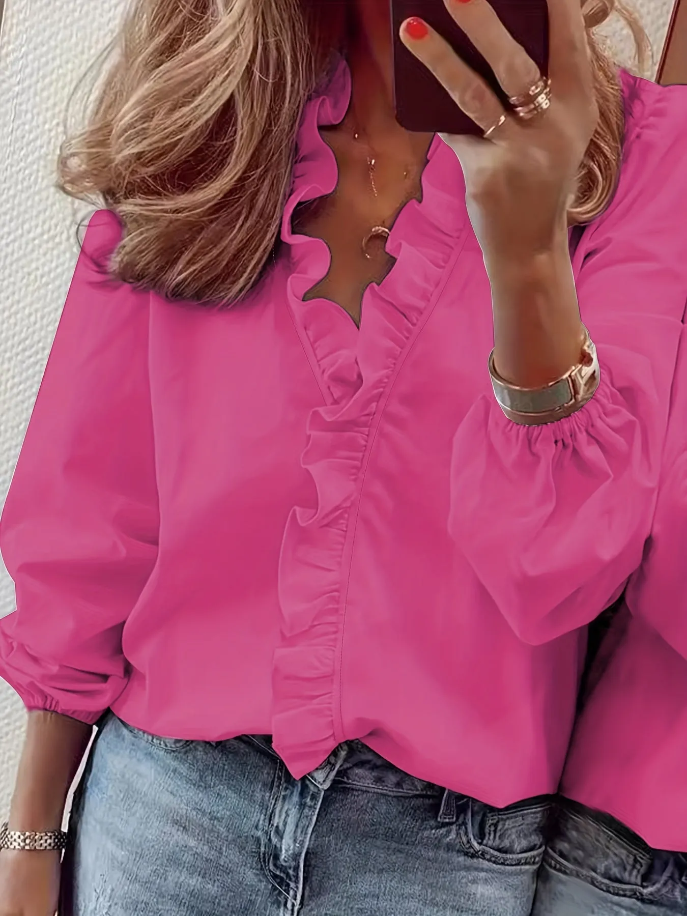 V-Neck Blouse - Ripple Trim & Breathable Lightweight Fabric