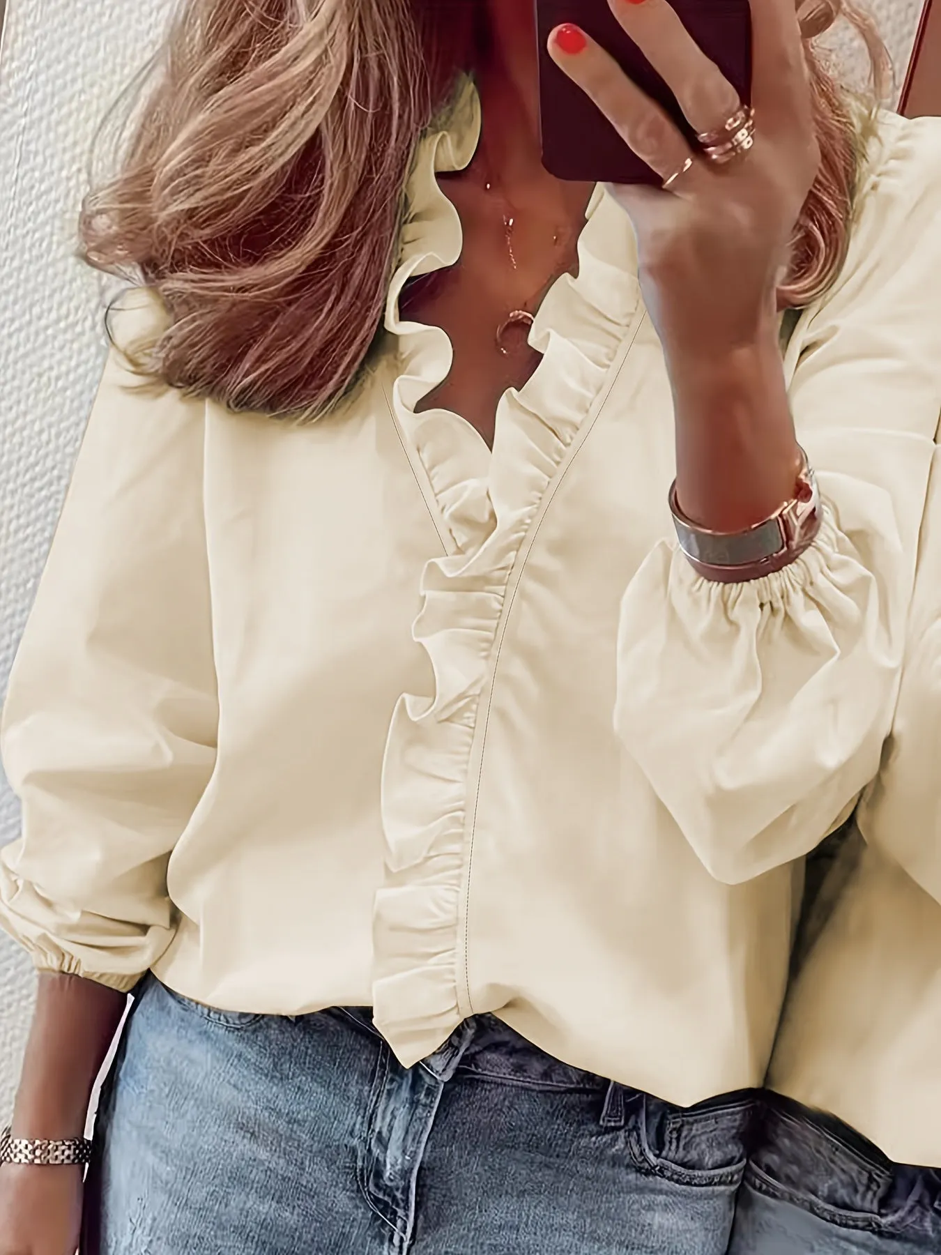 V-Neck Blouse - Ripple Trim & Breathable Lightweight Fabric