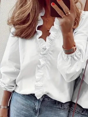 V-Neck Blouse - Ripple Trim & Breathable Lightweight Fabric