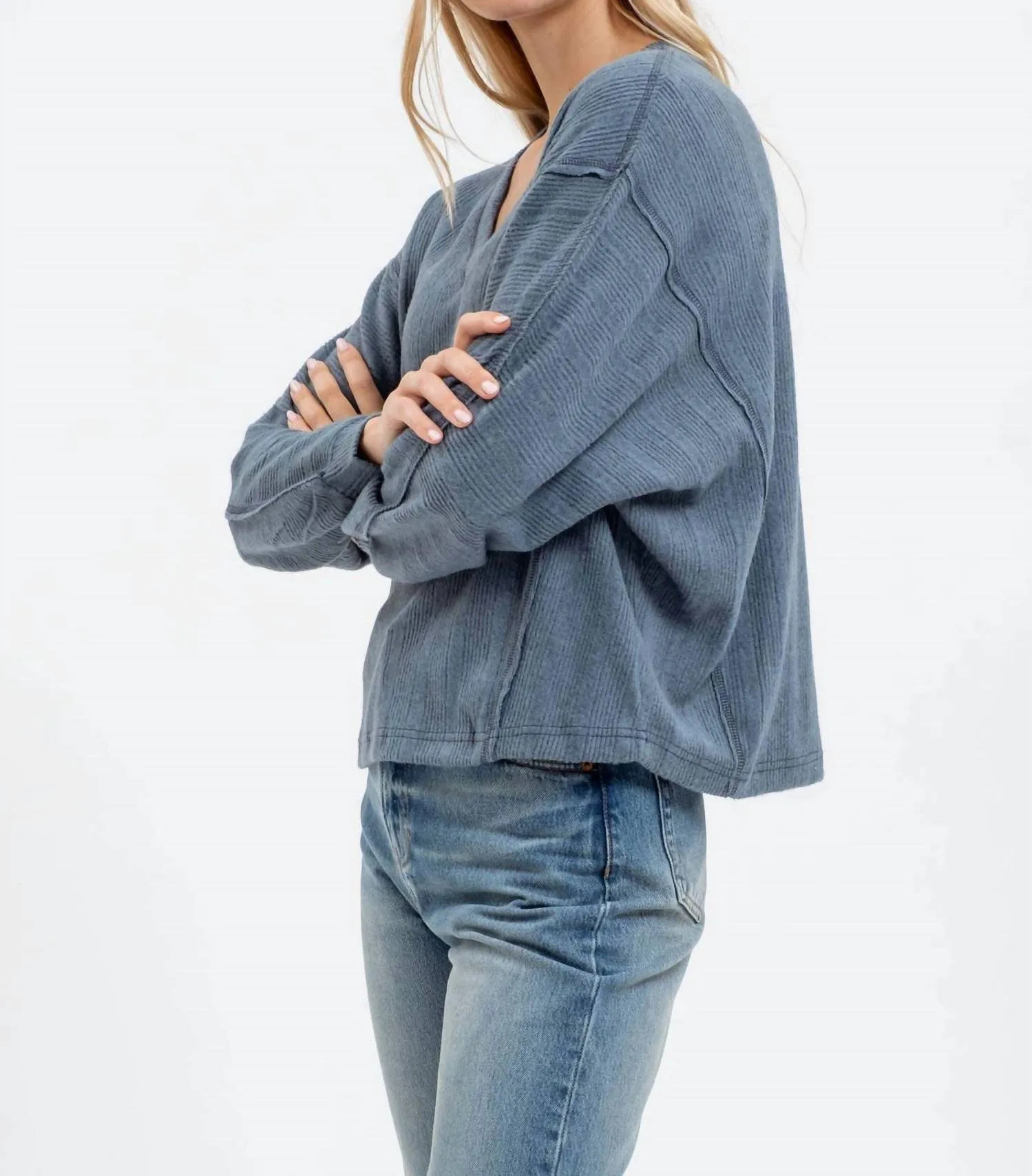 V Neck Knit Top In Dusty Teal