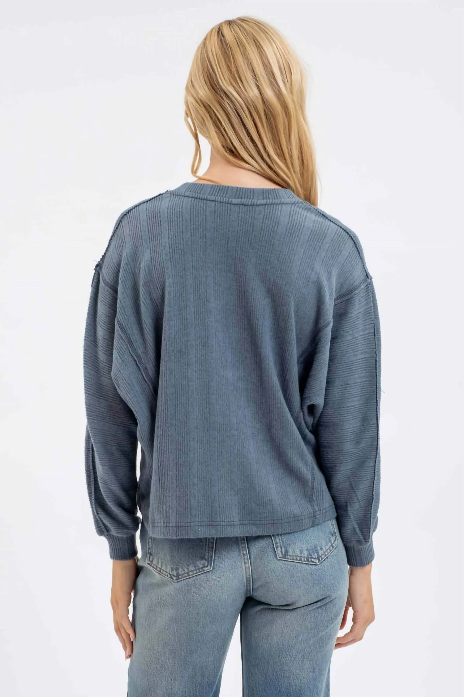 V Neck Knit Top In Dusty Teal