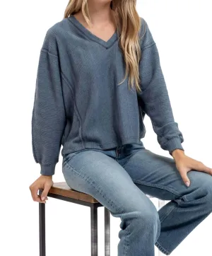 V Neck Knit Top In Dusty Teal