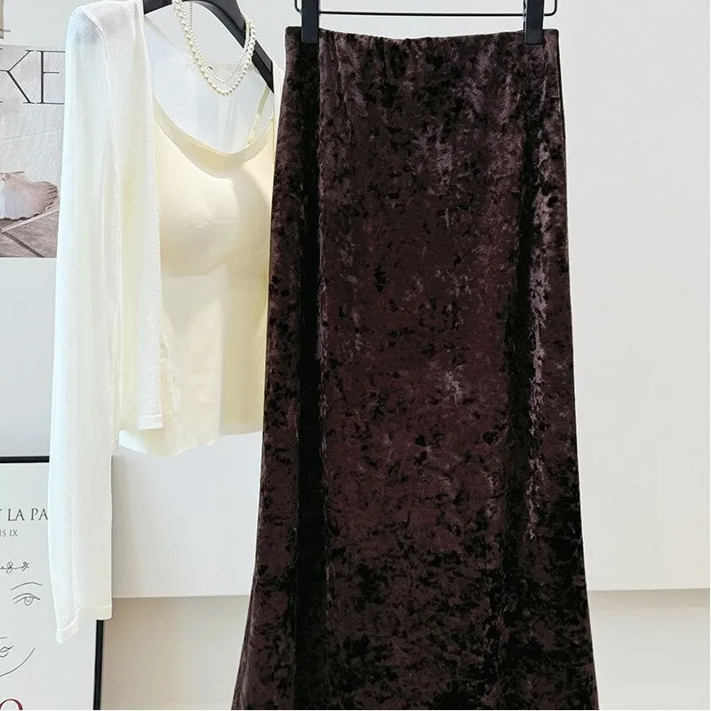 Velvet Embossed High Waist Elastic Half-Length Skirt