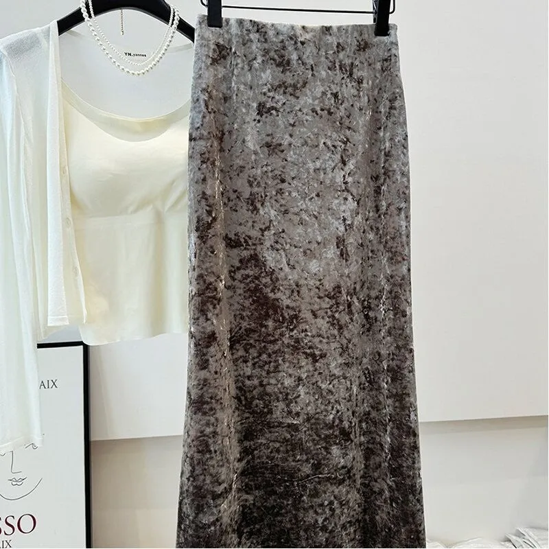 Velvet Embossed High Waist Elastic Half-Length Skirt