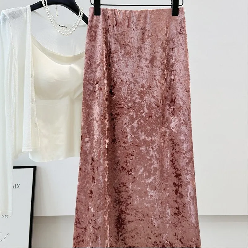 Velvet Embossed High Waist Elastic Half-Length Skirt