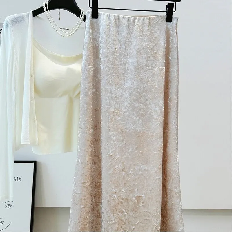 Velvet Embossed High Waist Elastic Half-Length Skirt