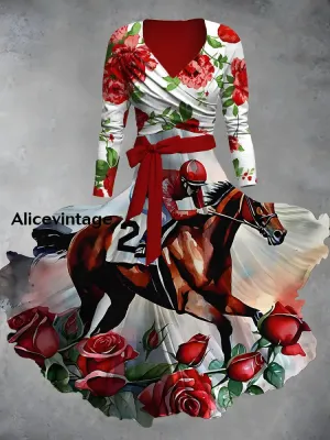 Vintage Derby Day Print V-Neck Midi Two-Piece Long Sleeve Dress