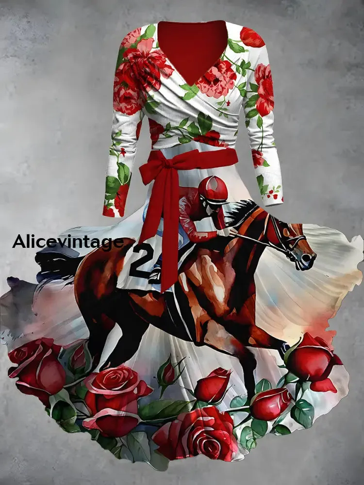 Vintage Derby Day Print V-Neck Midi Two-Piece Long Sleeve Dress