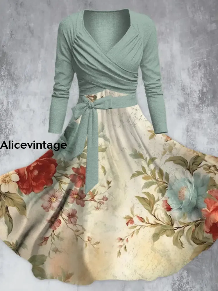 Vintage Elegant Flower Print V-Neck Long Sleeve Straps Midi Dress