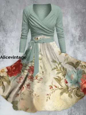 Vintage Elegant Flower Print V-Neck Long Sleeve Straps Midi Dress