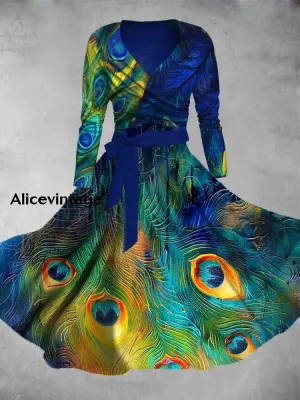 Vintage Feathers  Print V-Neck Elegant Chic Midi Two-Piece Long Sleeve Dress