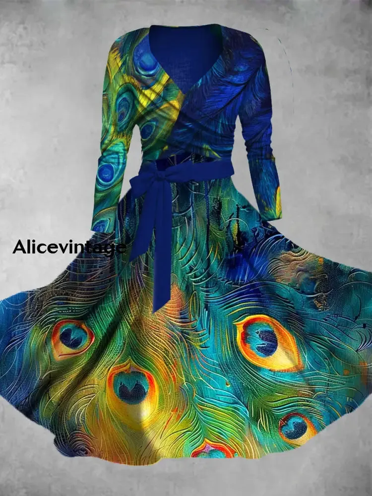 Vintage Feathers  Print V-Neck Elegant Chic Midi Two-Piece Long Sleeve Dress