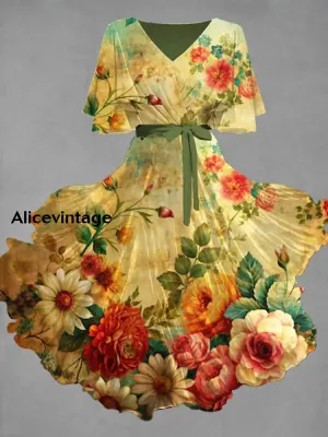 Vintage Floral Art Print Chic V-Neck Short Sleeve Midi Dress