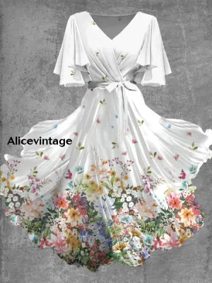 Vintage Floral Art Print Chic V-Neck Short Sleeve Midi Dress
