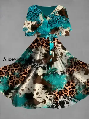 Vintage Floral Art Print Chic V-Neck Short Sleeve Midi Dress