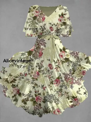 Vintage Floral Art Print Chic V-Neck Short Sleeve Midi Dress