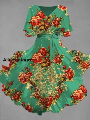 Vintage Floral Art Print Chic V-Neck Short Sleeve Midi Dress