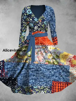 Vintage Floral Print V-Neck Elegant Chic Midi Two-Piece Long Sleeve Dress