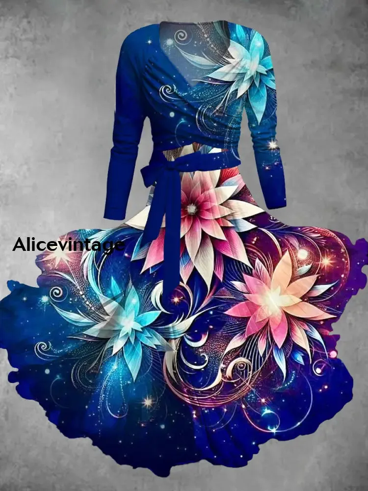 Vintage Floral Print V-Neck Elegant Chic Midi Two-Piece Long Sleeve Dress