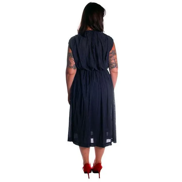Vintage Henry Rosenfeld Blue Crystal Pleated Nylon Dress 1950s 40-28-Free