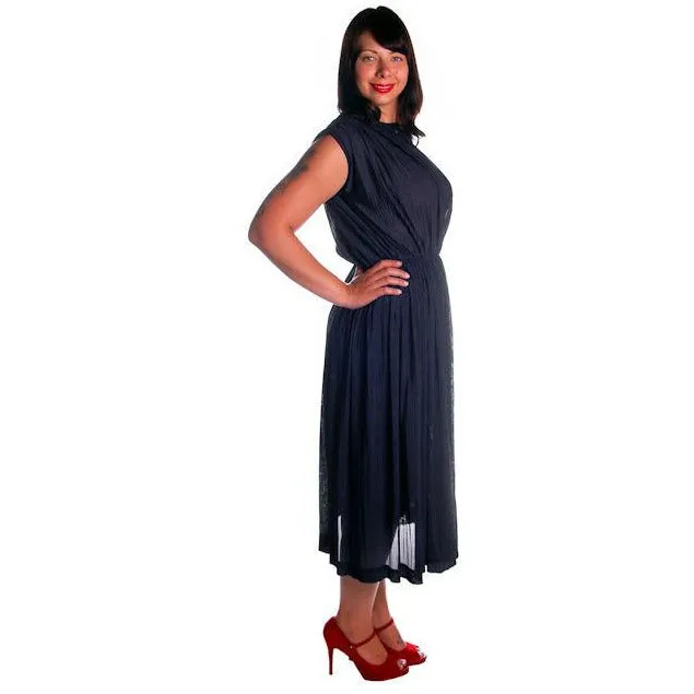 Vintage Henry Rosenfeld Blue Crystal Pleated Nylon Dress 1950s 40-28-Free