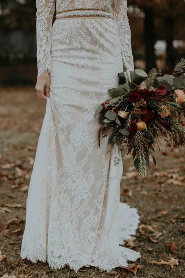 Vintage Lace Mermaid Long Sleeves Backless Wedding Dresses, Bridal Gown, SW430