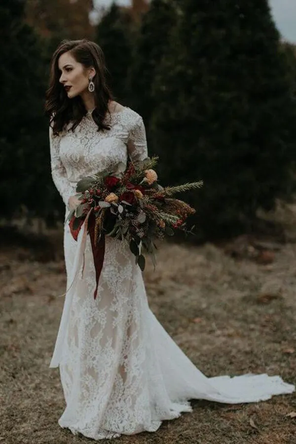 Vintage Lace Mermaid Long Sleeves Backless Wedding Dresses, Bridal Gown, SW430