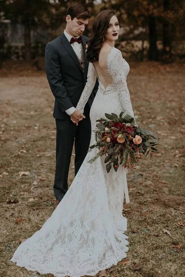 Vintage Lace Mermaid Long Sleeves Backless Wedding Dresses, Bridal Gown, SW430