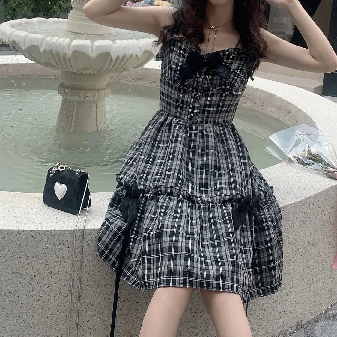 vintage plaid suspender skirt  KF83330