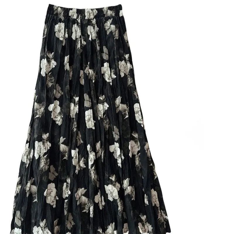 Vintage Printed Pleated Swing Midi Skirt