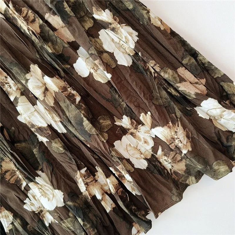 Vintage Printed Pleated Swing Midi Skirt
