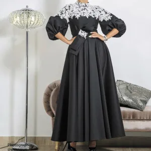 vintage prom dresses lace appliqué high neck black satin elegant prom gown vestido de longo