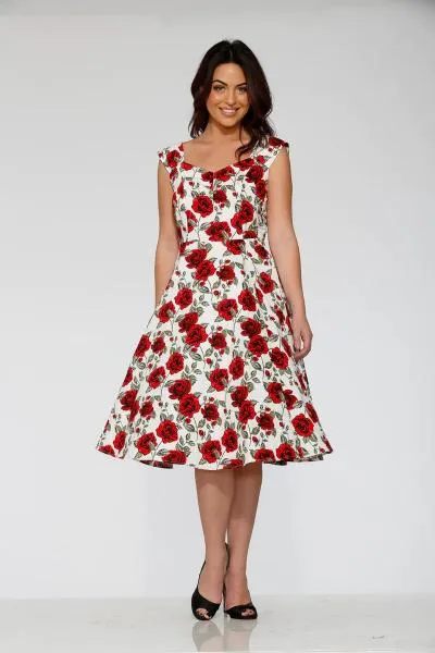 Vintage Rose Print Dress - White/Red -