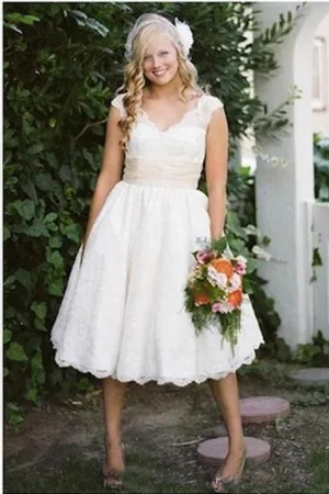 Vintage Scalloped Neck Cap Sleeves Tea Length Wedding Gown-715409